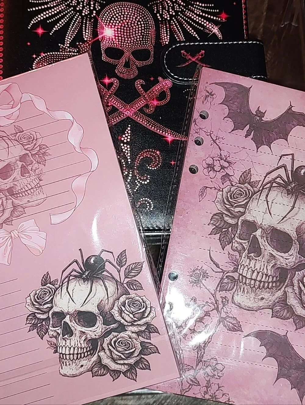 New! A6 PU Soft Leather Black Journal with Pink Rhinestone Skull & Wings